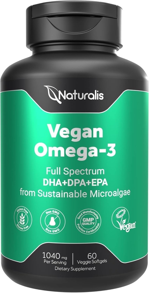 Vegan Omega 3 DHA, EPA & DPA de Algae ← Vegan Society Certified, Sustainably Sourced, True Full Spectrum ← 60 Veggie Softgels (Carrageenan Free)