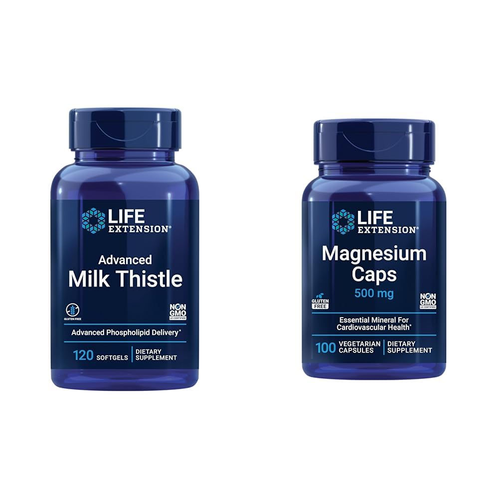 Extensión de la vida Advanced Milk Thistle 120 Softgels y Magnesium 500mg cápsulas para la salud del hígado, soporte de desintoxicación, salud cardíaca y huesos saludables