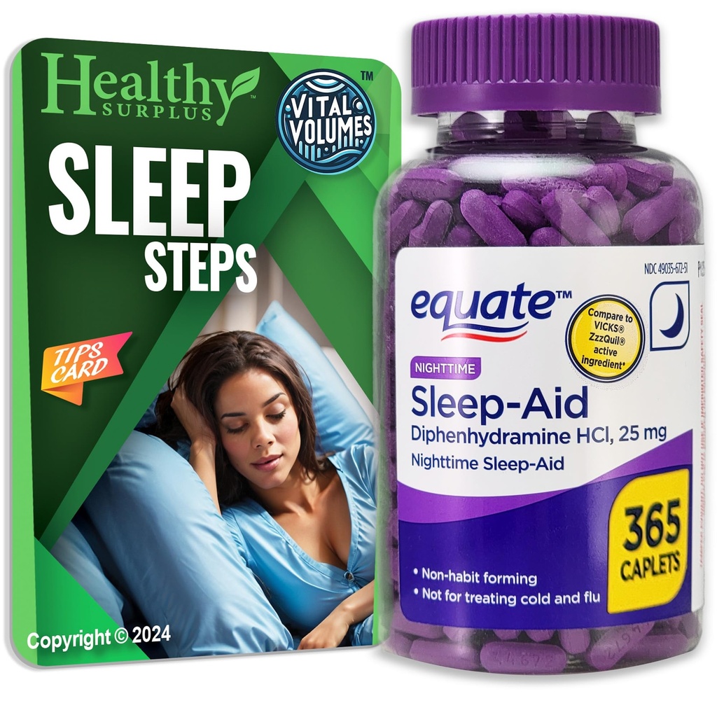 Equate Sleep-Aid Diphenhydramine HCI 25 mg 365 cápsulas y volúmenes vitales Pasos de sueño Consejos Tarjeta