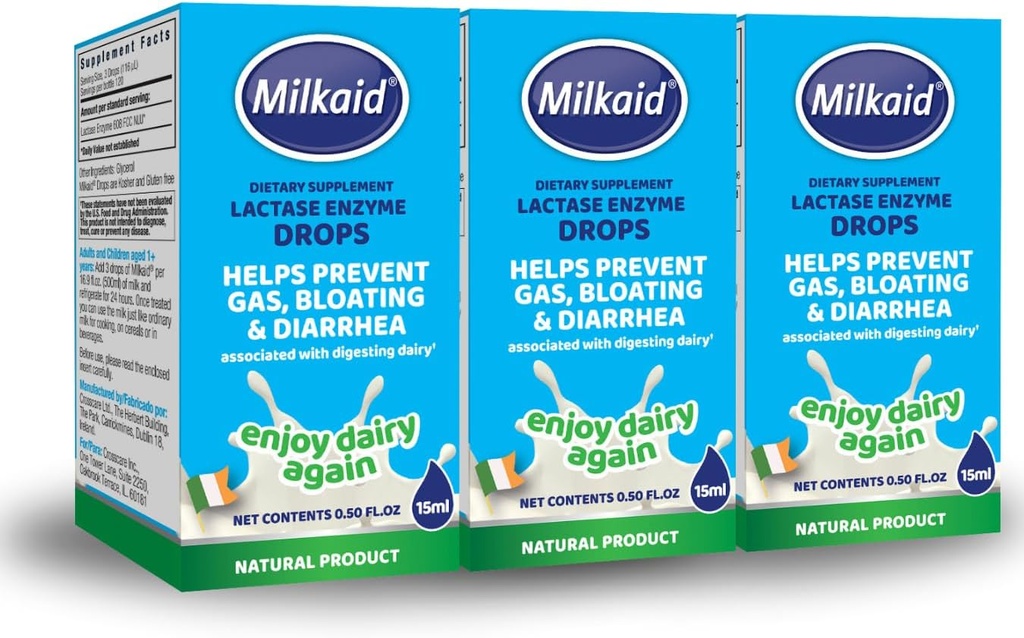 Milkaid Lactase Enzyme Drops for Lactose Intolerance ¦ Prevents Gas, Bloating & Diarrhea Silencio Fast Acting Dairy Digestive Suplemento Silencio Gluten Gratis & Vegetarian Silencio No Artificial Flavor Silencio 0,5 Fl Oz (3)