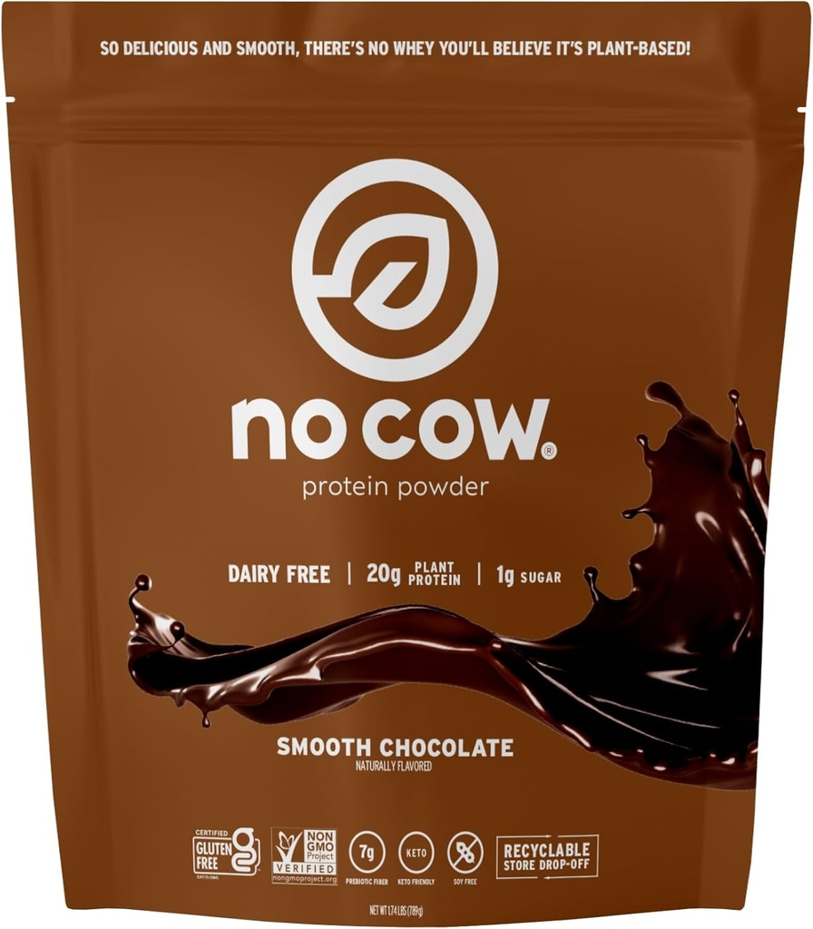 Sin vaca Powder de proteína vegana, Chocolate, 20g Proteína con base vegetal, bolsa reciclable, libre de lácteos, soy libre, sin azúcar añadido, Keto Friendly, sin gluten, naturalmente endulzado, no GMO, Kosher, 1,74 libras