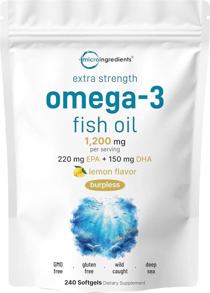 Micro Ingredientes Extra Strength Omega 3 Fish Oil Suplementos 1,200mg Por Serving, 240 Softgels ¦ Lemon Flavored ← Burpless  durable Essential Fatty Acids ← EPA 220mg + DHA 150mg ← Pescado en el mar profundo