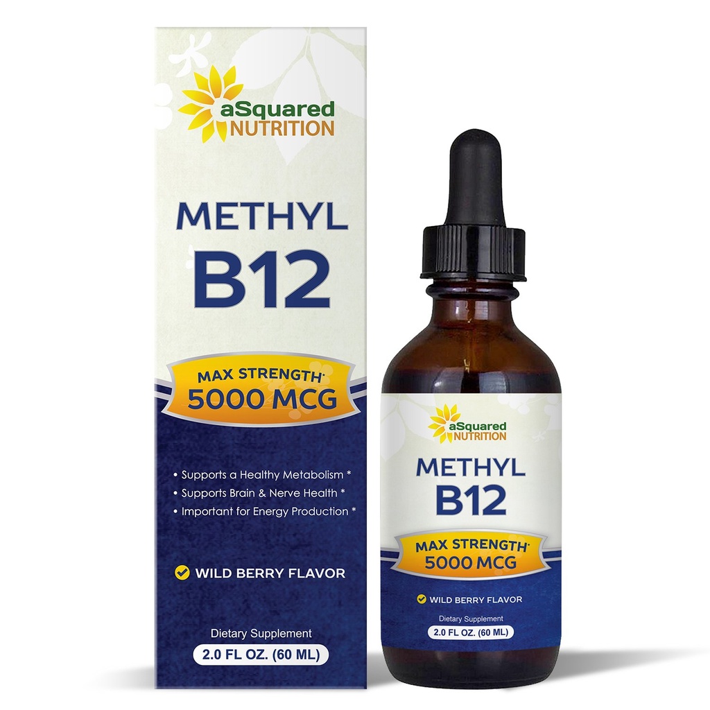 aSquared Nutrition Vitamin B12 Sublingual Liquid Drops - 5000 MCG Suplemento con Methylcobalamin (Metil B-12) - Max Absorption B 12 para aumentar la energía - Vegan Friendly - 2 fl oz