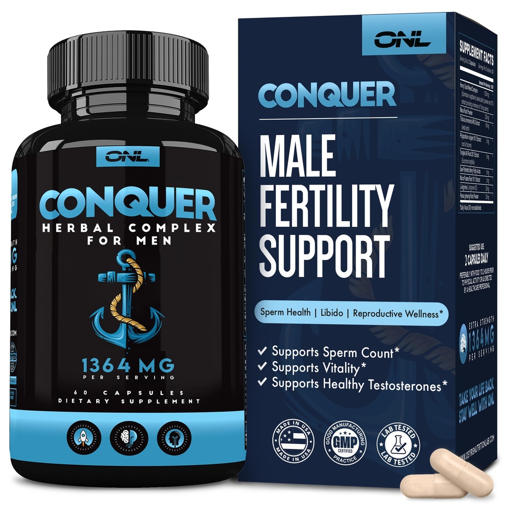 Conquer Mens Fertility Supplement - Testosterone Booster for Men w / Maca Root, Horny Goat Weed & Tribulus Terrestris - Male Fertility Supplement - Libido Booster for Men - Male Enhancement Pills -60Ct