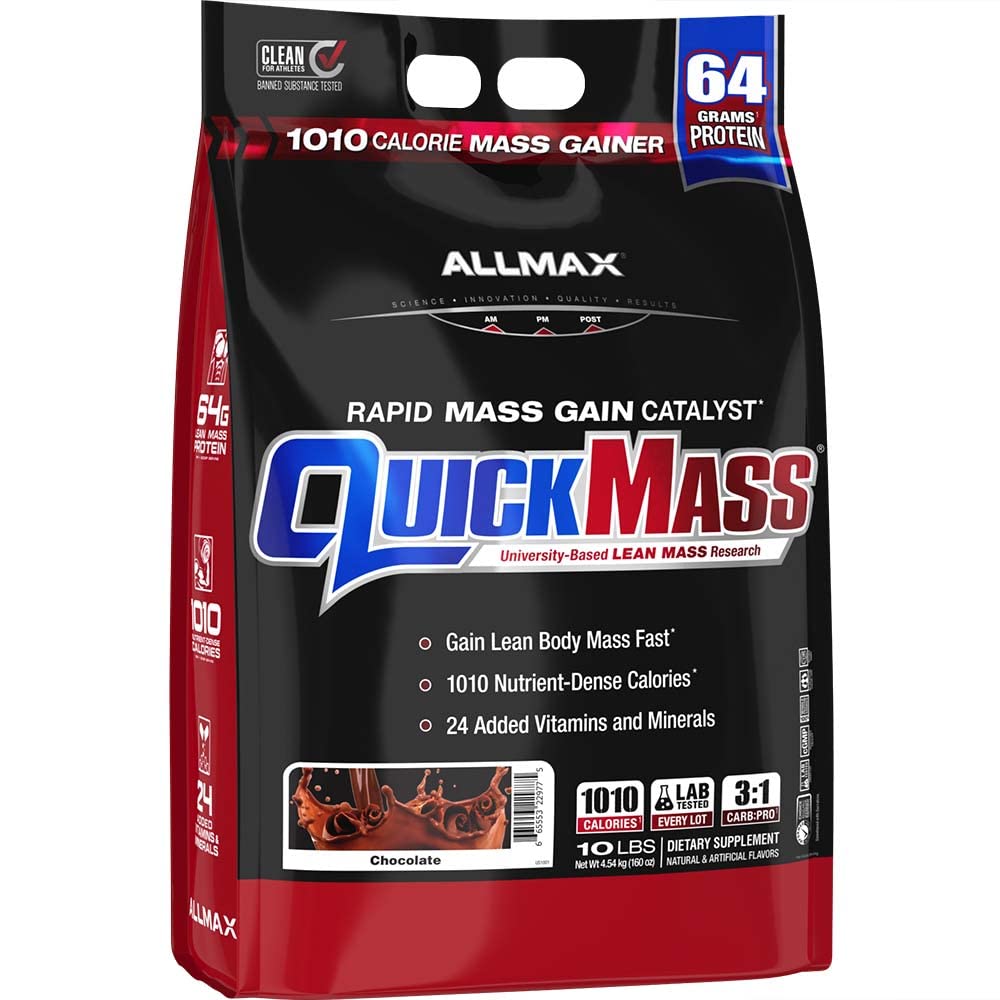 ALLMAX QUICKMASS, Chocolate - 10 lb - Catalyst de Ganancia de Masa Rápida - Hasta 64 Gramos de Proteína Por Servir - 3:1 Carb a Protein Ratio - Zero Trans Fat - Hasta 70 Servings