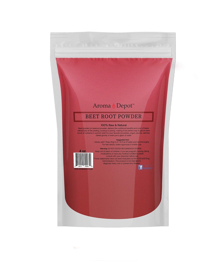 Powder de remolacha 4oz por Aroma Depot Raw " No GMO I Vegan " Gluten Free I Nitric Oxide Booster I Boost Stamina y Aumenta Energía Immune System Booster I 100% Natural