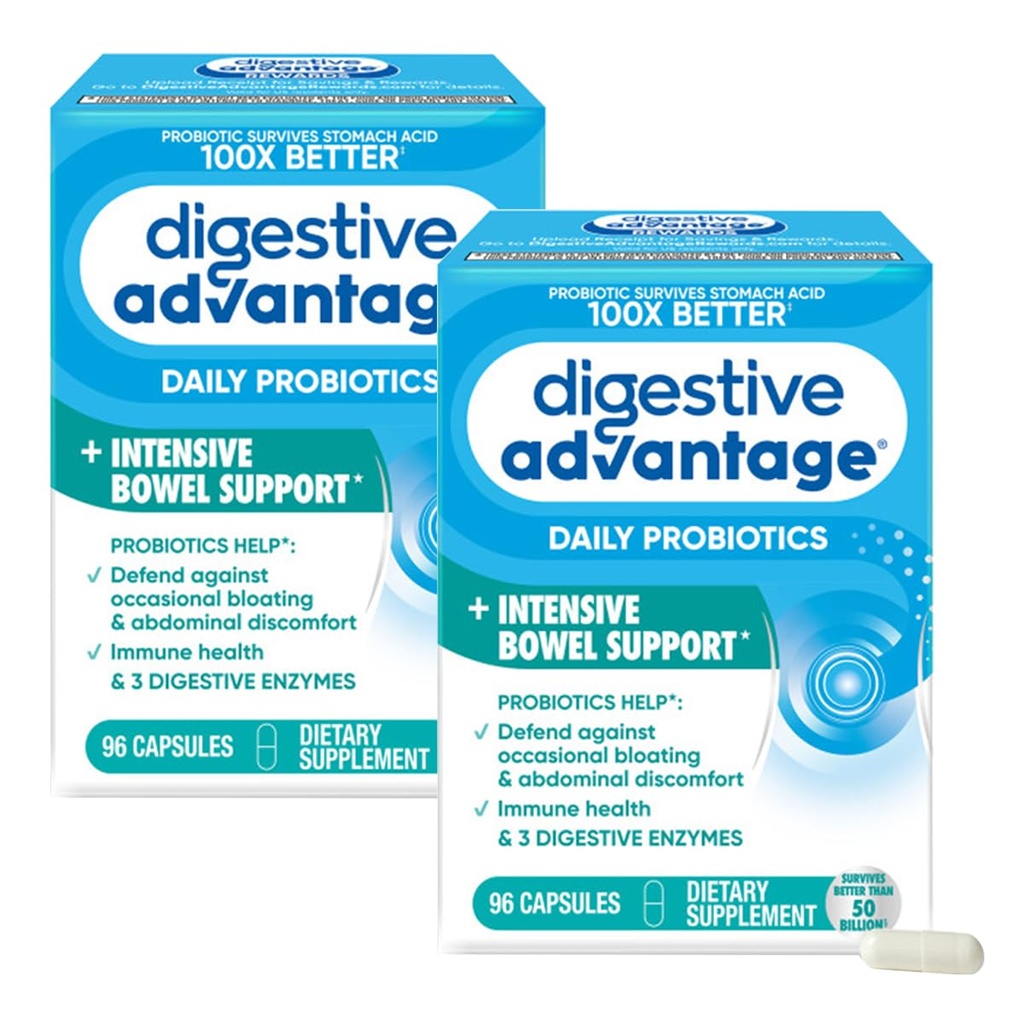Beneficios Digestivos Probióticos para la Salud Digestiva &amp; Soporte Intensivo de Tazón, para Mujeres &amp; Hombres con Enzimas Digestivos, Apoyo a la Salud Ocasional, Capsules 96ct (2)