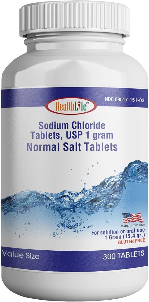 Health Life Sodium Chloride Tablets 1000mg Vitamin tención 300 Cuenta  sometida Normal Sal Tablets ← Sodium Mineral Supplement (15.4gr.) Silencio Electrolytes Replenisher Hydration Drink