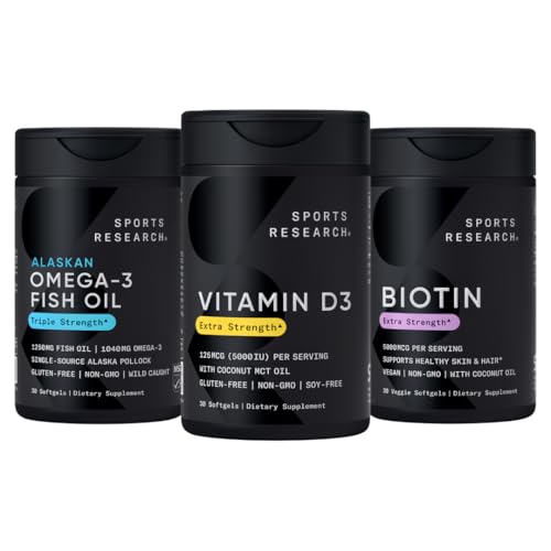 Investigación Deportiva Triple Fuerza Omega 3 Burpless Fish Oil 1250mg de Wild Alaska Pollock, Vitamina D3 5000 UI con Coconut MCT Oil (125mcg) y Vegan Biotin 5000mcg Vitamina B7-30 Softgels Cada uno