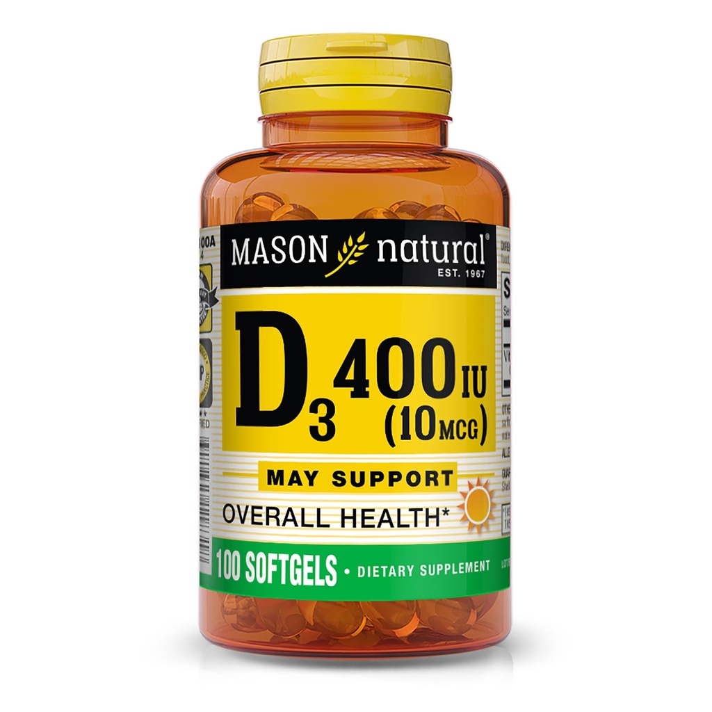 MASON NATURAL Vitamina D3 10 mcg (400 UI) - Apoya la salud general, fortalece los huesos y los músculos, 100 Softgels