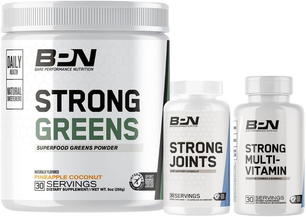 BARE PERFORMANCE NUTRITION BPN Verdes Fuertes Polvo Superalimentario, Juntas Fuertes & Bundle Multi-Vitamin Fuerte