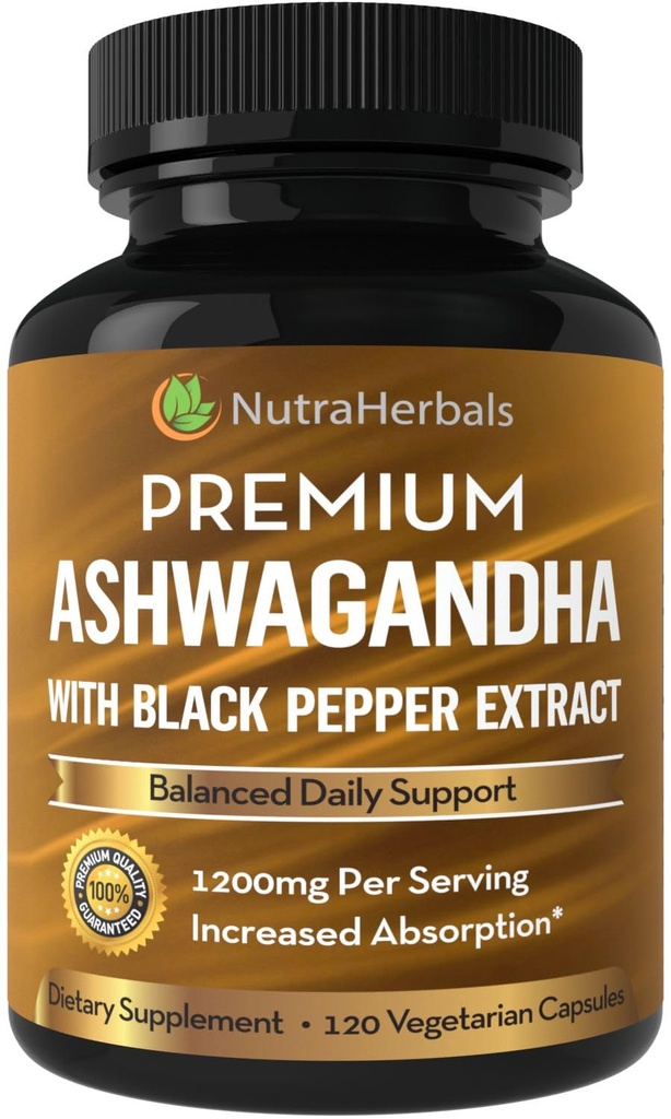 Suplemento de Ashwagandha Hecho con la prima Ashwaganda Root Powder 1200mg con Black Pepper Extracto para aumentar la absorción - 120 cápsulas de Vegi