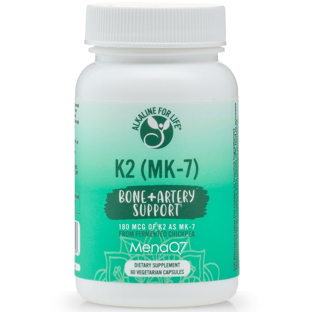 Alkaline for Life Vitamin K as MK-7 tolera Natural Vitamin K2 from Fermented Chickpeas MENAQ7 180 mcg ←Un día para siempre 60 Day Supply Supports Bone &amp; Heart Health TENIENDO Easy to Swallow
