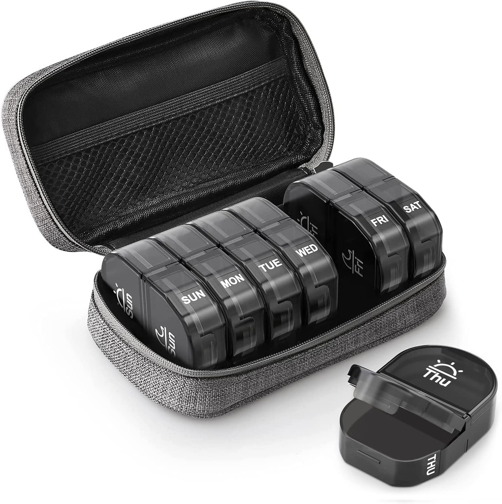 AUVON Canvas Bag Travel Pill Organizer 2 veces al día, gran AM/PM Caja semanal de píldoras 7 días con bolsa de cierre de cremallera gris portátil para mantener suplementos, vitaminas y aceites de pescado