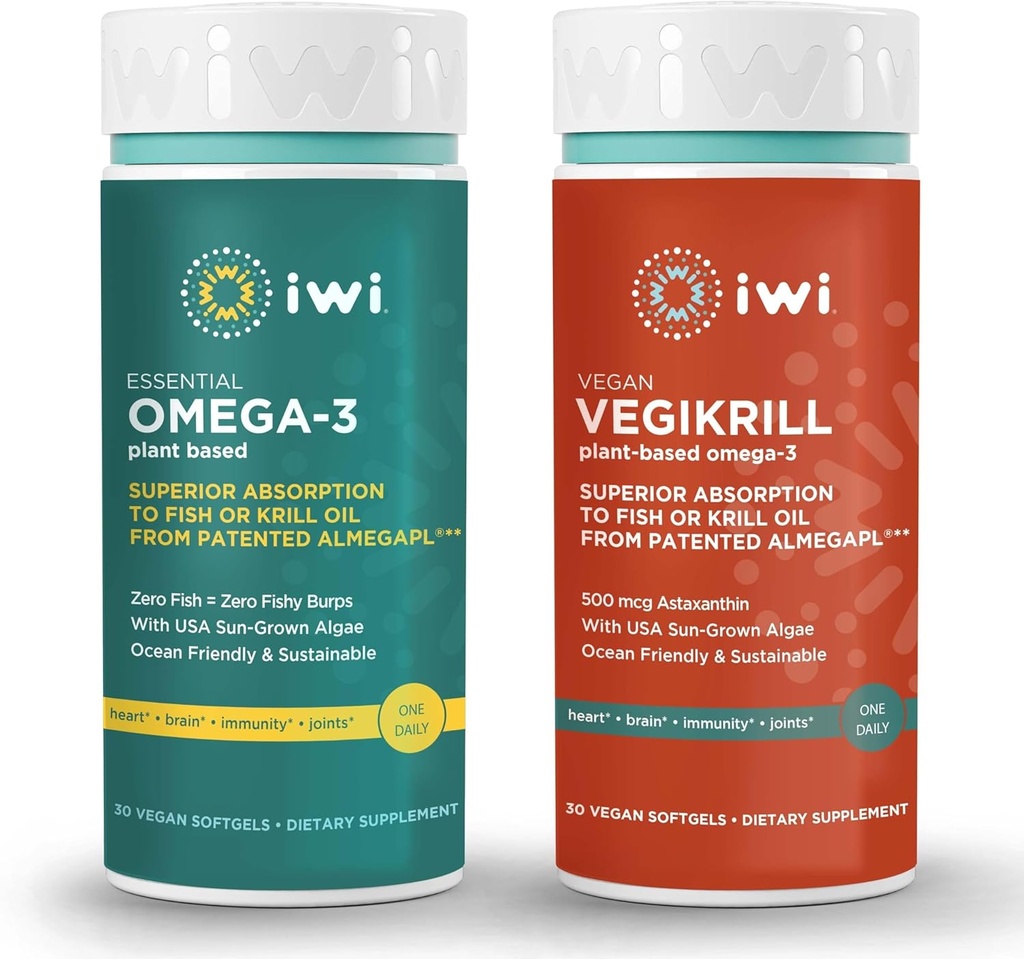 Iwi Omega-3 Esencial &amp; Vegikrill Omega-3 Bundle, 30 Servings, Vegan Plant-Based Algae Omega 3, Krill & Fish Oil Alternative, No Fishy Aftertaste