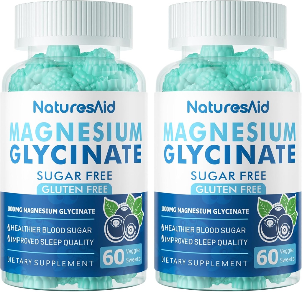 Magnesio Glycinate Gummies 1000mg - Suplemento de Potasio de Magnesio Libre de Azúcar con Vitamina D, B6, CoQ10 para calma Mood & Sleep Support - 120 Blueberry Gummies -2 Pack