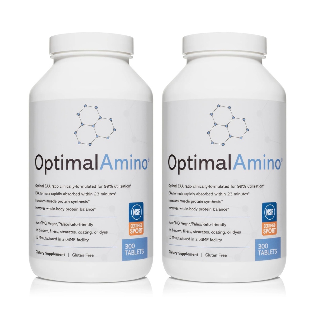 OptimalAmino Tablets Fitness Bundle (600 Conde) Silencio 99% Utilizado Aminoácidos esenciales (EAA) Suplemento Silencioso Aumentar la recuperación muscular, BCAA Protein Pre/Post Workout, NSF certificado para Sport® certificado
