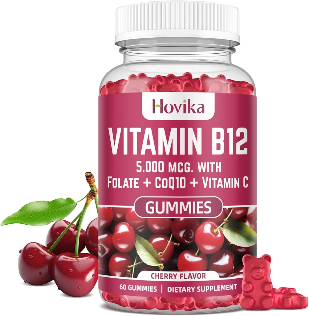 Vitamina B12 Complejo 5000 mcg Metil B12, Adenosyl B12 & Hydroxy B12, con Coenzima Q10, Folate, Vitamina C, Chewable B 12 para soporte energético, metabolismo, salud ósea - sabor cereza