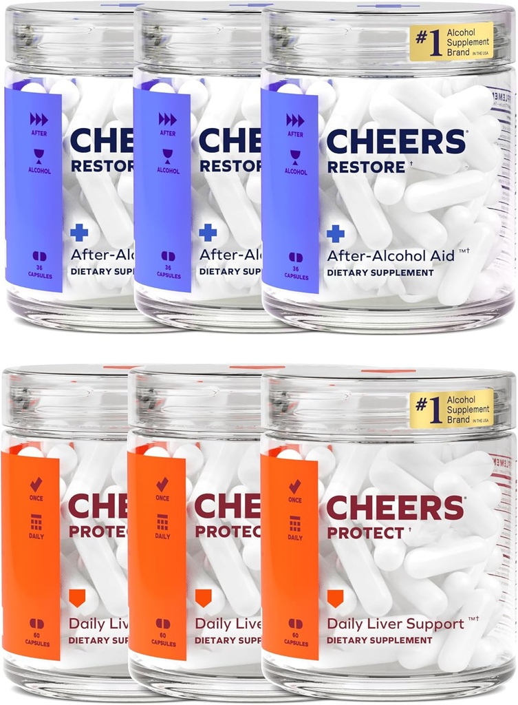 Cheers Liver Combo Silencioso Restaurar + Proteger Silencioso Su hígado &amp; Siéntase mejor después de beber DHM, L-Cysteine, Milk Thistle, Prickly Pear, B-Vitamins  36 Doses Restaurar, 90 Doses Proteger Silenciosos Suplementos