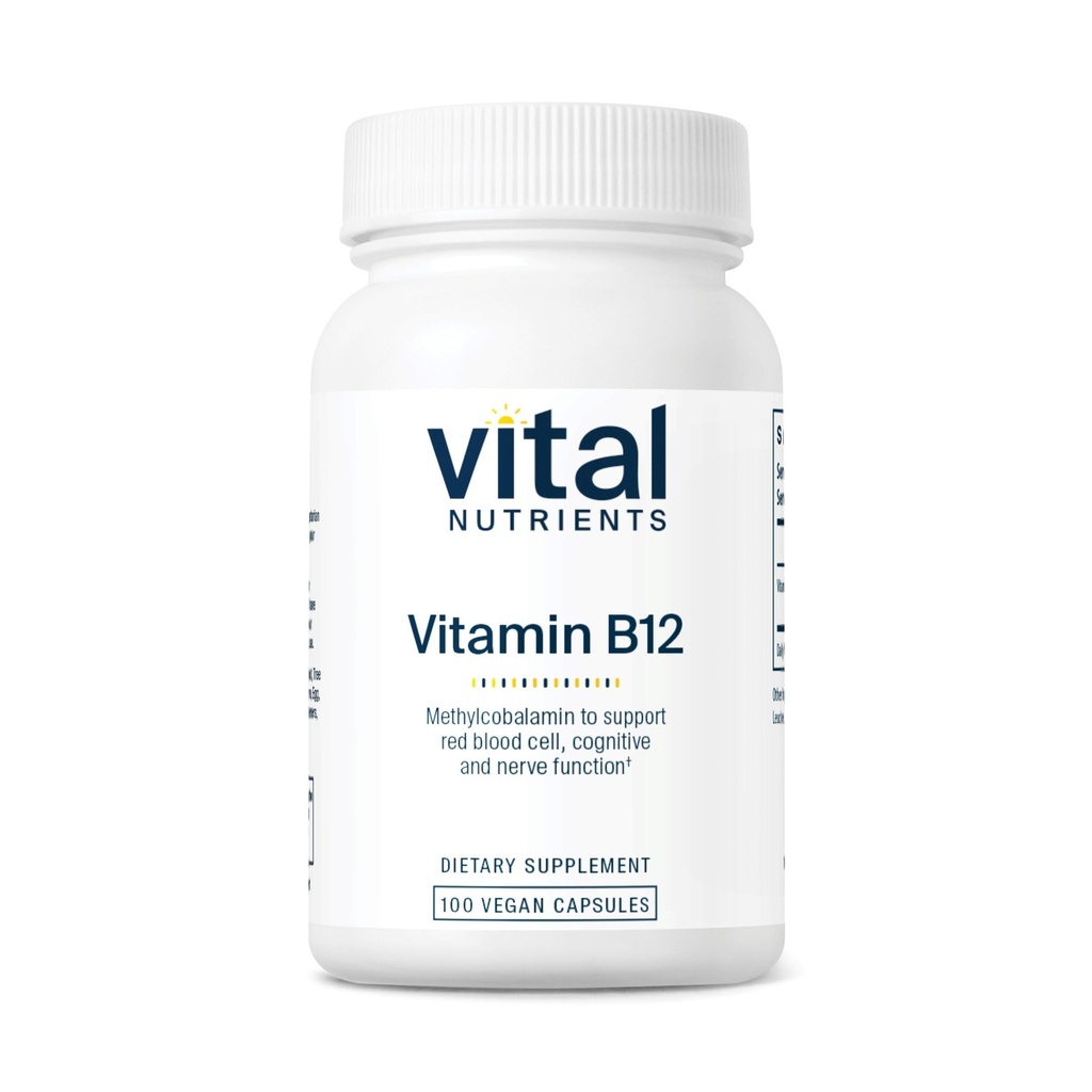 Nutrientes vitales Vitamina B12 1000mcg - Vegan - Metilcobalamina para el metabolismo, Cognitivo &amp; Nervous System Health* - Suplemento B12 de alta potencia - Gluten, Dairy, Soy Gratis - 100 cápsulas