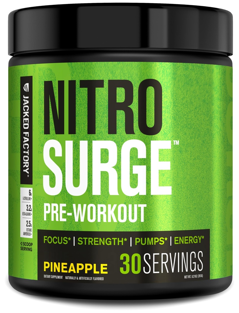 Jacked Factory NITROSURGE Pre Workout Suplemento - Endless Energy, Instant Strength Gains, Clear Focus, Bombas Intensas - NO Booster &amp; Powerful Preworkout Energy Powder - 30 Servings, Pineapple