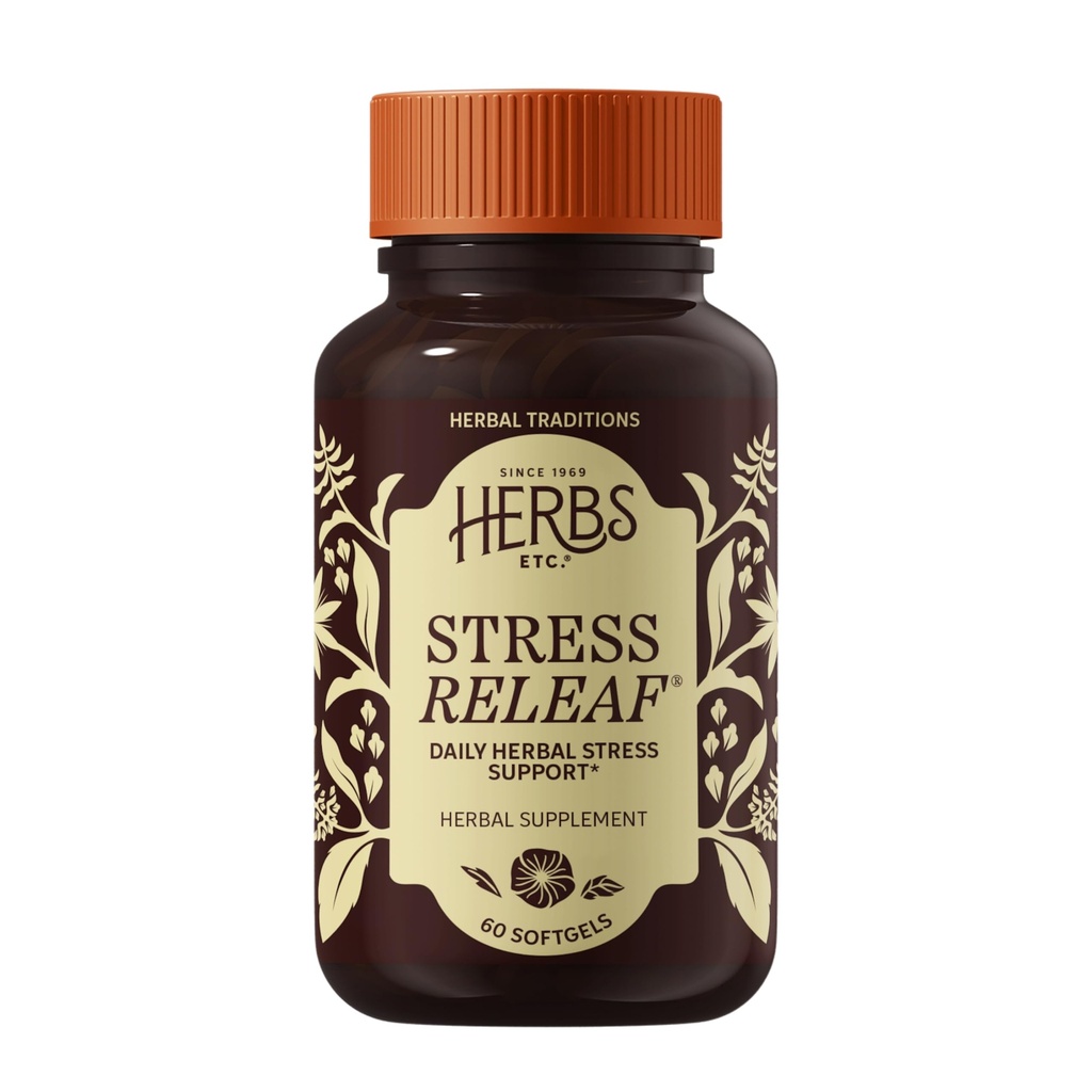 Herbs Etc. Stress ReLeaf - Suplemento herbal para apoyar la relajación - Estrés Apoyo Suplemento - Sin gluten - 60 Softgels (60 Servimientos)