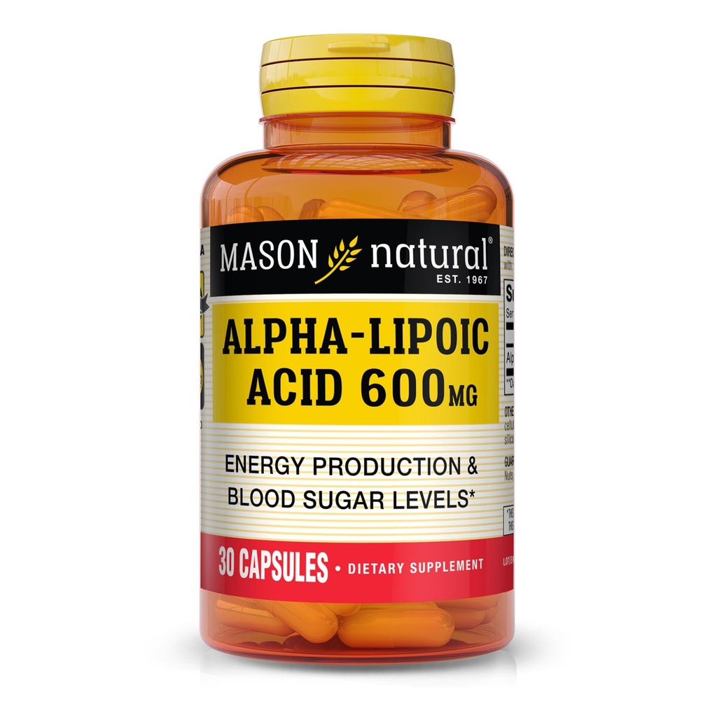 MASON NATURAL Alpha Lipoic Acid 600mg por Serving, Gluten Free ALA Suplemento, 30 cápsulas
