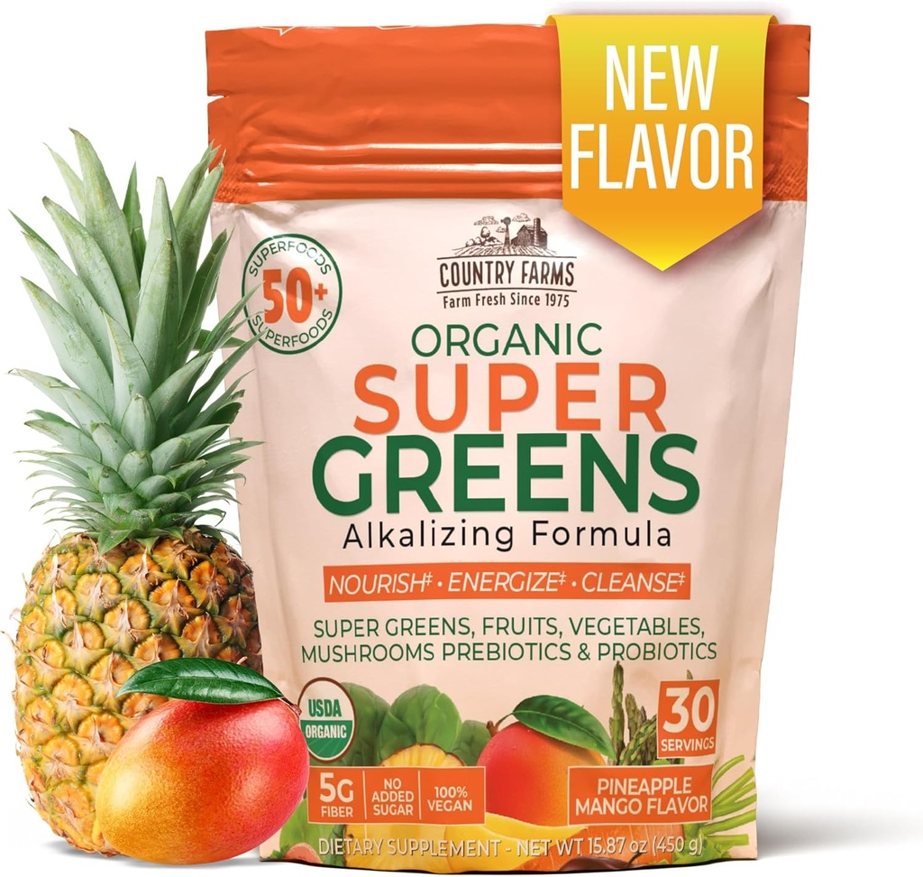 COUNTRY FARMS Super Greens Pineapple-Mango Flavor, 50 Ecológicos Super Foods, USDA Organic Drink Mix (Wheat Grass, Spirulina, Clorella) Mushrooms & Probiotics, con fibra, energía natural, 30 Servings