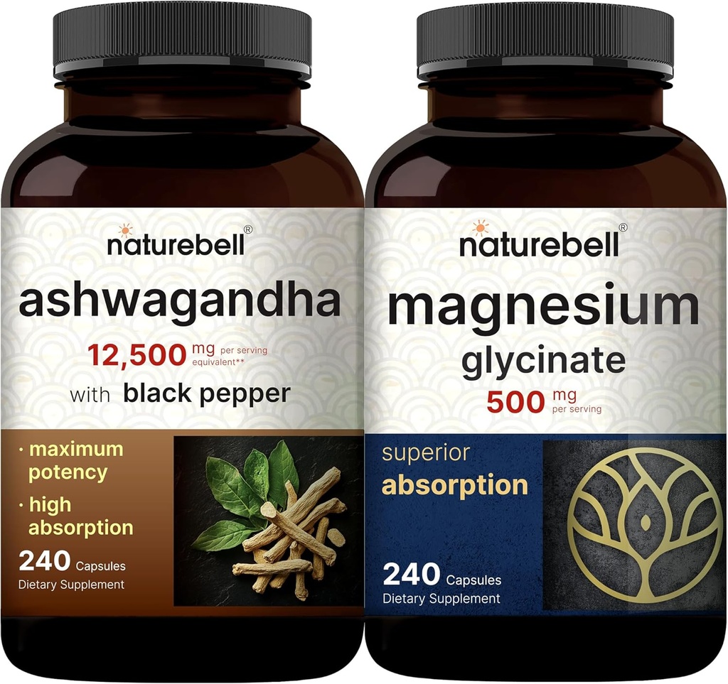 NatureBell Magnesium Glycinate Capsules 500mg " Ashwagandha 12,500 mg Equivalente con Black Pepper Bundle Pack _ Chelated & Purified Mineral Adaptogens Suplementos para la relajación