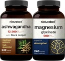 NatureBell Magnesium Glycinate Capsules 500mg " Ashwagandha 12,500 mg Equivalente con Black Pepper Bundle Pack _ Chelated & Purified Mineral Adaptogens Suplementos para la relajación