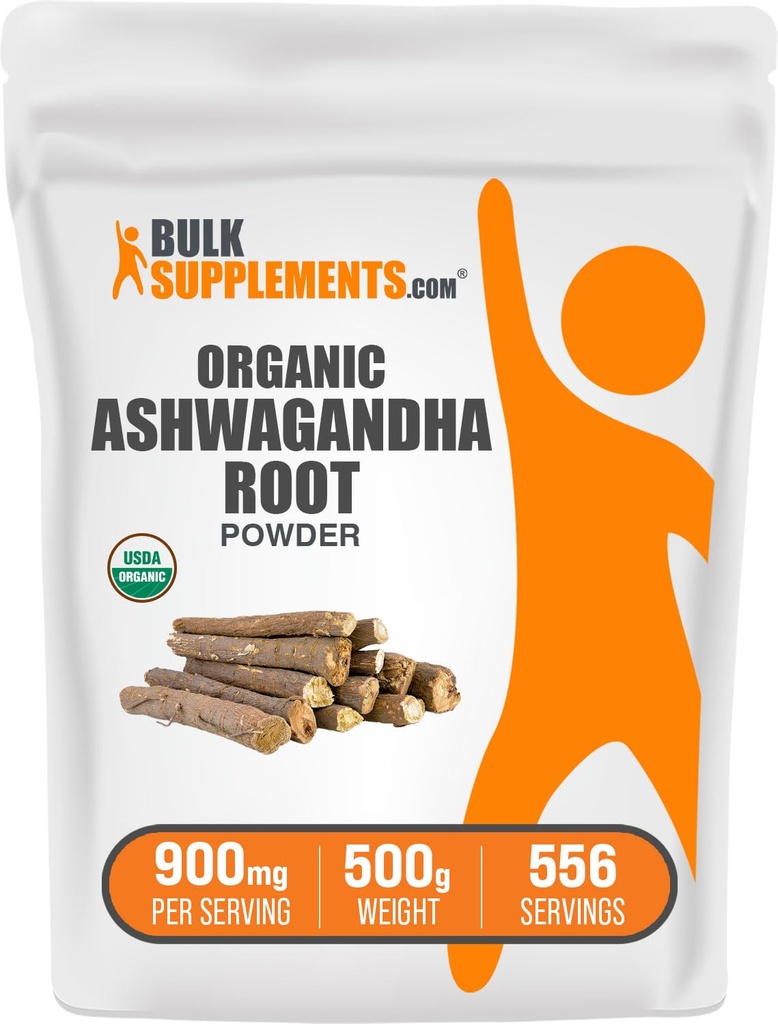 BulkSupplements.com Orgánica Ashwagandha Powder - Suplementos de Ashwagandha Orgánica, Fuente de Ashwagandha Root - Gluten Free, 2g por Serving, 500g (1.1 lbs) (Pack of 1)