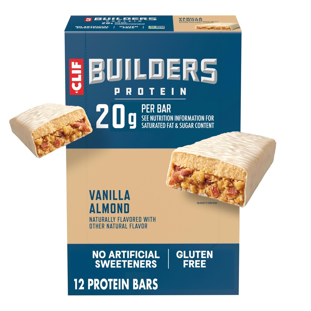 CLIF BUILDERS Protein Bares - Vanilla Almond Flavor - 20g Plant Based Protein - Gluten Free - Non-GMO - Low Glycemic - No Artificial Sweeteners - 2.4 oz. (12 Pack)
