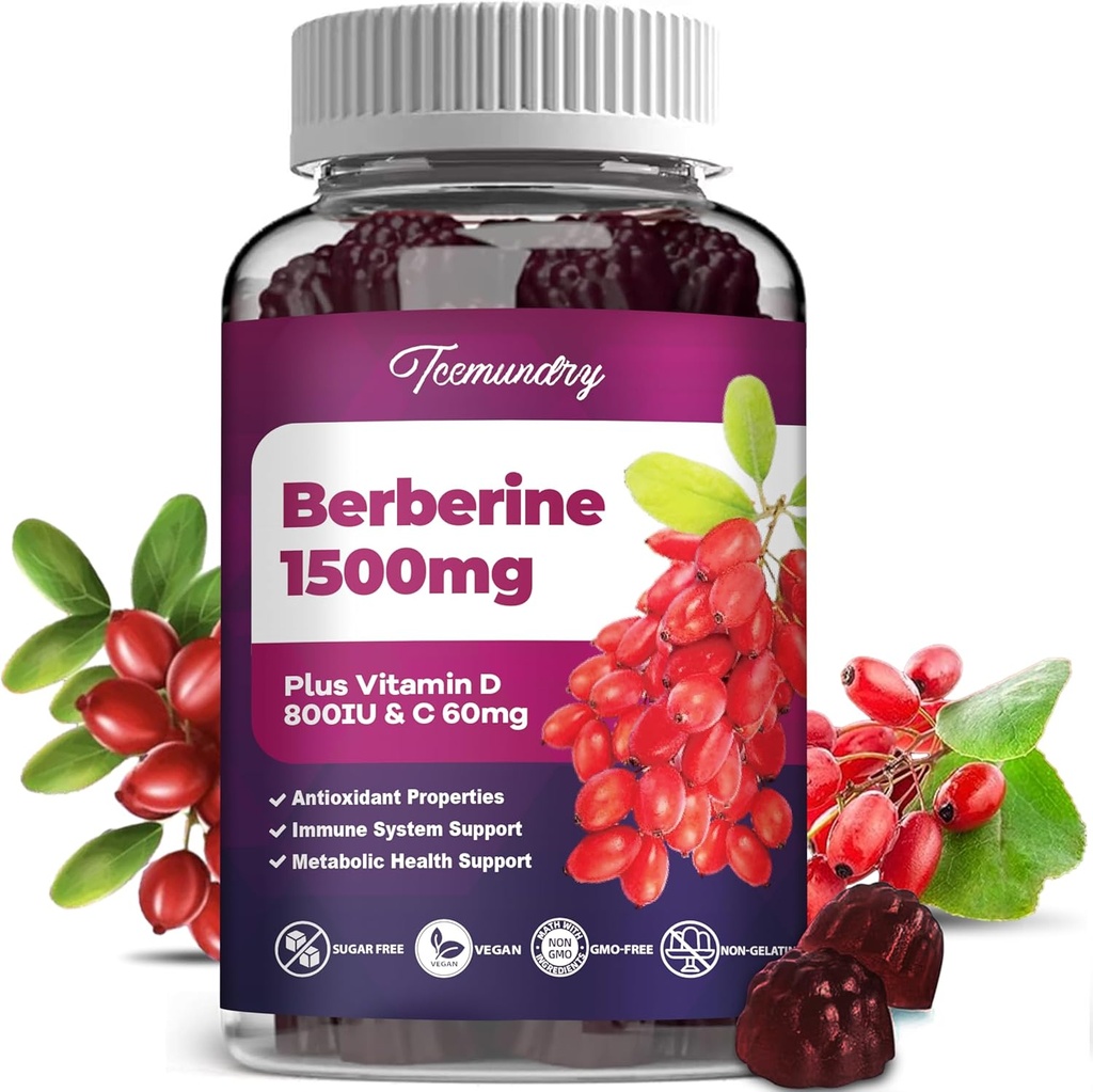 Berberine Gummies 1500 mg de la raqueta india de alta potencia con vitamina D & vitamina C Suplemento
