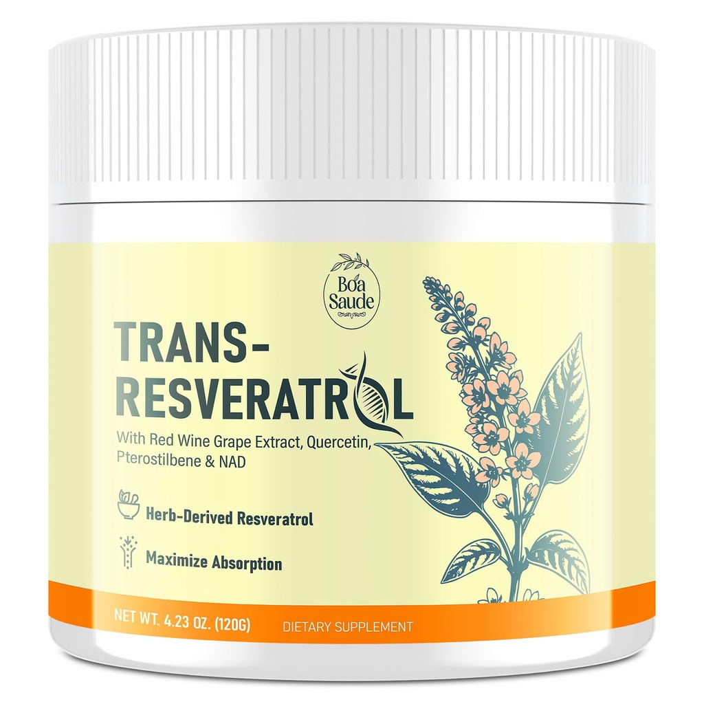 Trans-Resveratrol Powder Supplement with Red Wine Extract, Quercetin, Pterostilbene & NAD, 4.23 OZ, 30-Day Supply