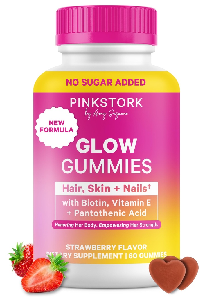 Pink Stork Total Glow Gummies for Women – Hair, Skin & Nails Vitamina con Biotina, Vitamina A, B6, B12, Folate, Zinc &amp; Más – Soporte para la piel radiante, uñas fuertes y el cabello saludable – 60 Gummies de Berry