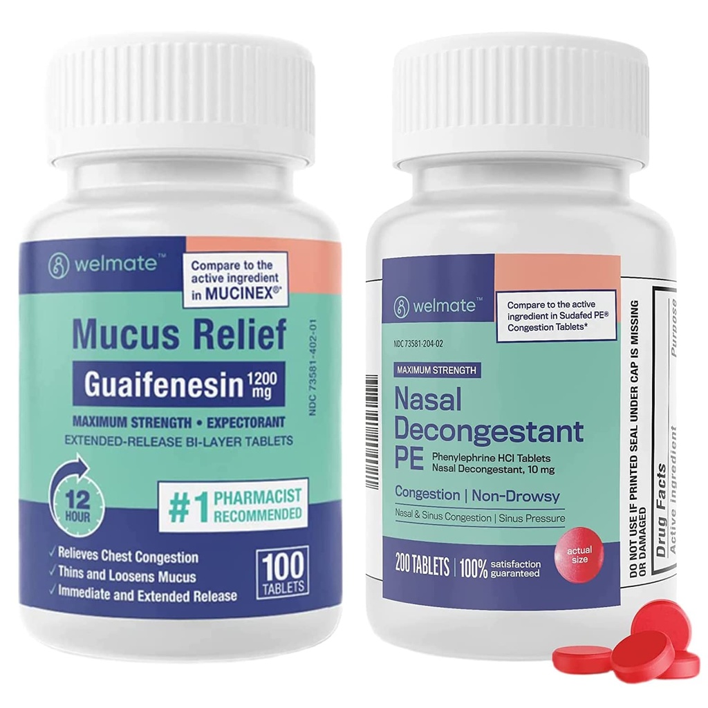 WELMATE Respiratory Relief Bundle: Maximum Strength Guaifenesin 1200 Mg Mucus Relief (100 Tablets Bi-Layer) + Phenylephrine HCl 10 mg Nasal Decongestant PE (200 Tablets) Sinus, Cold &amp; Allergy Support