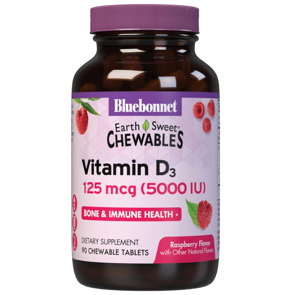 Bluebonnet Nutrition Earth Sweet Vitamin D3 5000 IU Chewable Tablets, Aids in Muscle " Skeletal Growth, Non GMO, Gluten Soy " Milk Free, Kosher, Raspberry, White, 90 Count