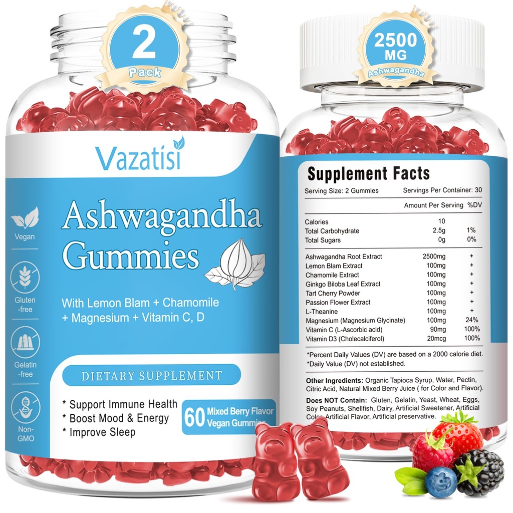 2 Pack Ashwagandha Gummies para Mujeres Hombres, Azúcar Libre Orgánica Ashwagandha Gummies Suplemento para Relax Restore Balance, Vegan Gluten Gratis, 120 Conde
