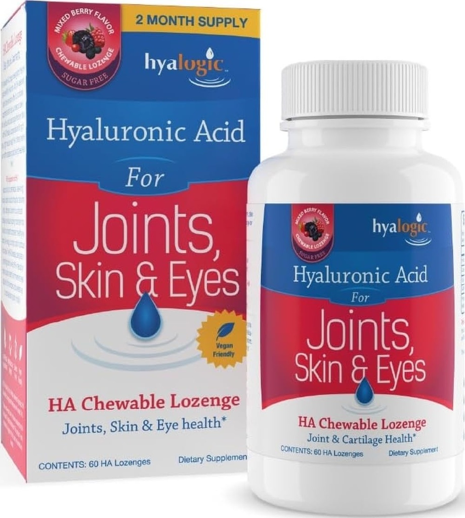Hyalogic Hyaluronic Acid Chewable Lozenge - Tablas para Cuidado de la Piel y Ojos Vegan, Libre de Azúcar y Suplementos de Ácido Hialurónicos Favorados (60 Cuenta)