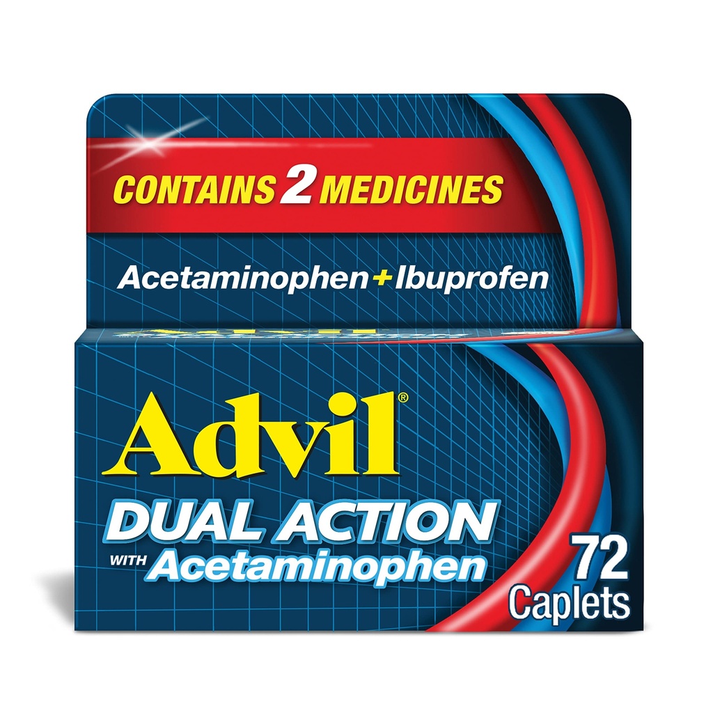 Doble acción Advil Coated Caplets con Acetaminophen, 250 Mg Ibuprofeno y 500 Mg Acetaminophen Per Dose (2 Dose Equivalente) por 8 horas Alivio del dolor - 72 Cuenta