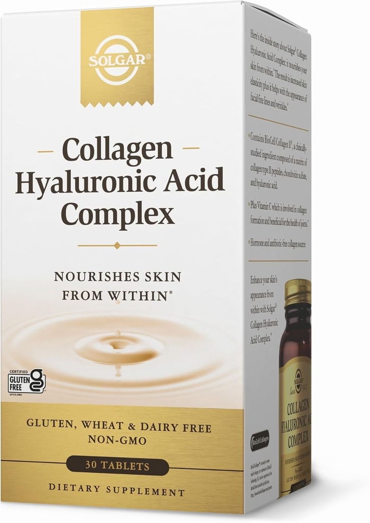 Complejo de ácido hialurónico Solgar Collagen - 30 Tabletas - con colágeno hidrolizado Tipo 2 " Condroitina - No GMO, Gluten " Dairy Free - 30 servicios
