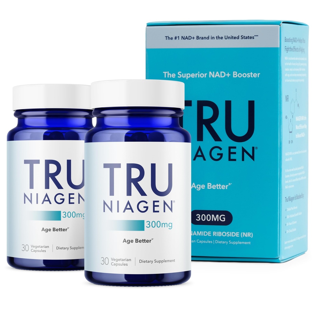 TRU NIAGEN Patented NAD Supplement for Anti Aging and Cell Regeneration, 300mg Niagen, 30 Servings ← Soportes Cellular Energy, Brain, Muscle ← Nicotinamide Riboside (NR) Take 1 Daily TEN 2 Botellas