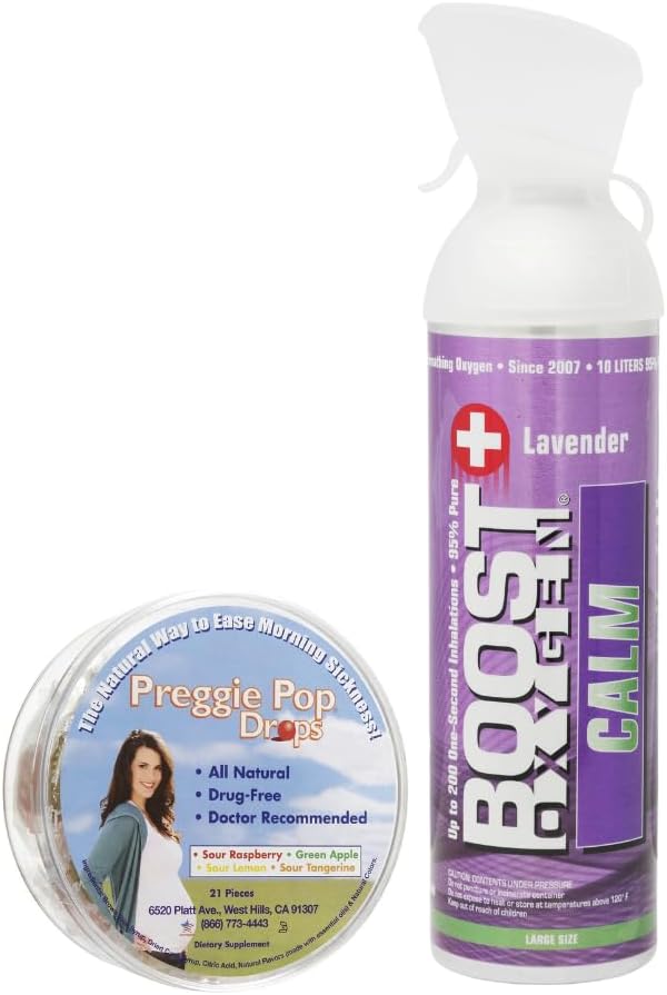 Boost Oxygen Grande calma y Preggie Pop gotas Bundle para el alivio de la enfermedad por la mañana durante el embarazo, todo natural