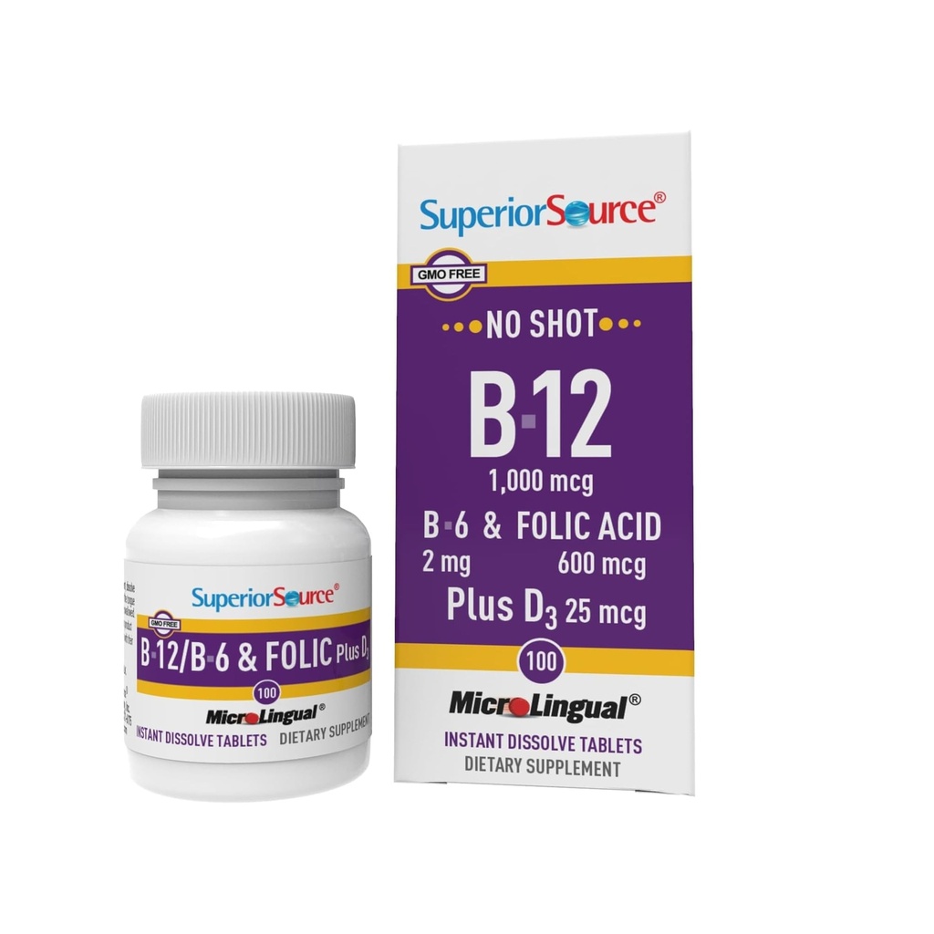 Fuente Superior No Zapato Vitamina B-12 Cyanocobalamin 1000 mcg, B-6, Ácido Fólico " Vitamina D-3 1000 UI - Soporta Energía, Cerebro, Corazón, " Salud Hueso - 100 Tabletas de Dissolación Sublingual