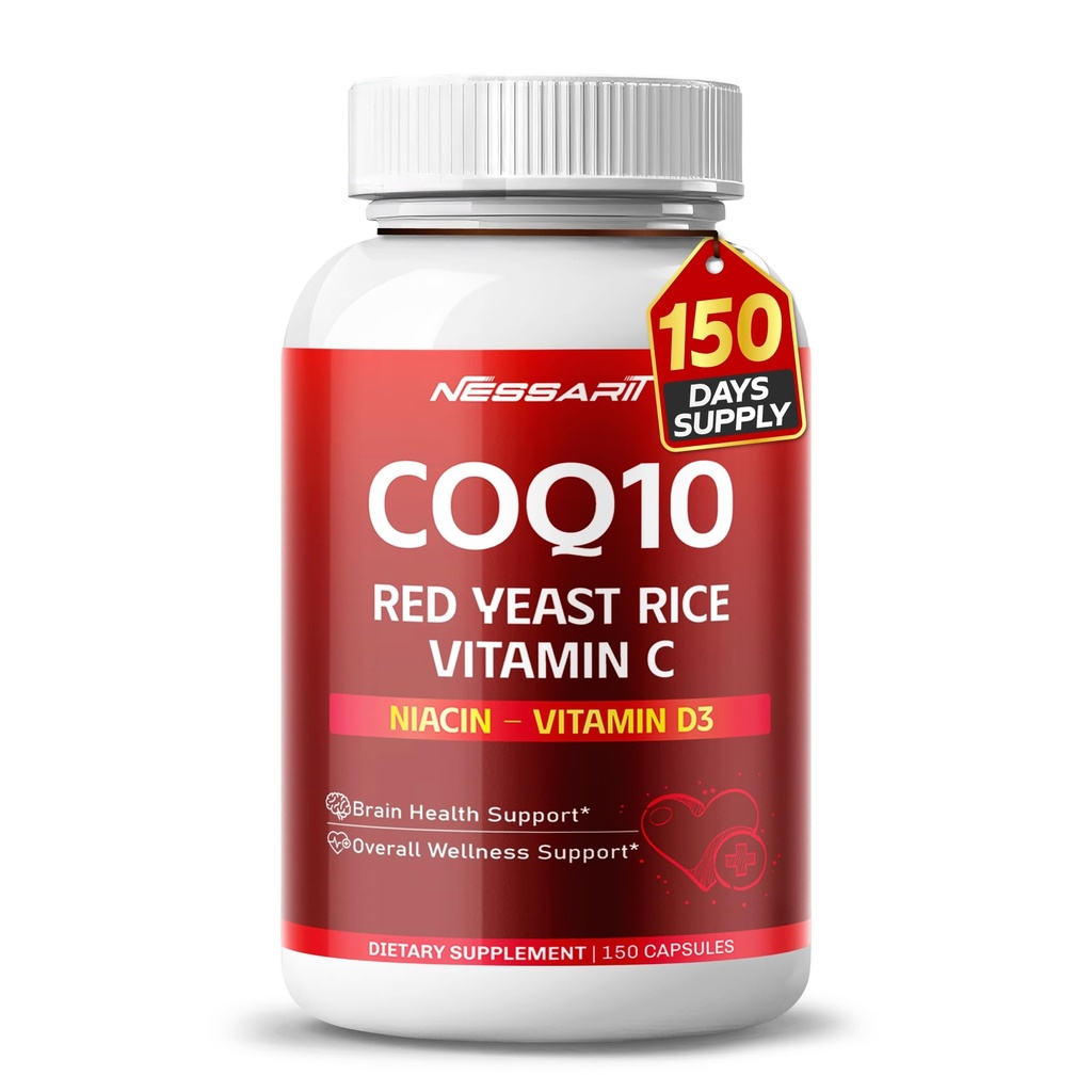 COQ10 + Red Yeast Rice Suplemento - 10-in-1 Natural Blend with Omega 3 Vitamin B3, K2, D3, Zinc Milk Thistle Black Pepper - 150 Count - Made &amp; Tested in The USA