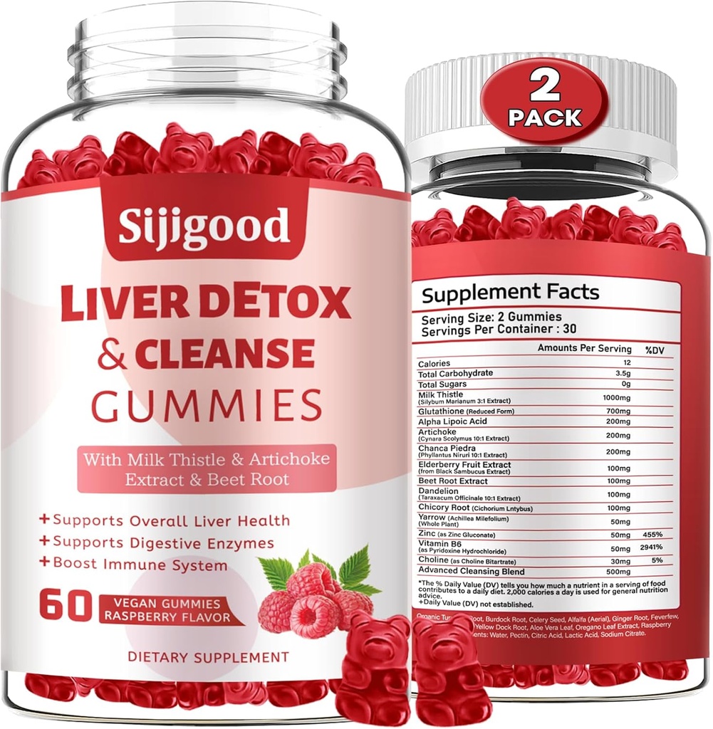 2 Pack Liver Cleanse Detox and Repair Gummies - Silymarin Milk Thistle Suplemento con Artichoke, Dandelion y Elderberry - Liver Support Suplemento - 120 Raspberry Flavored Gummies