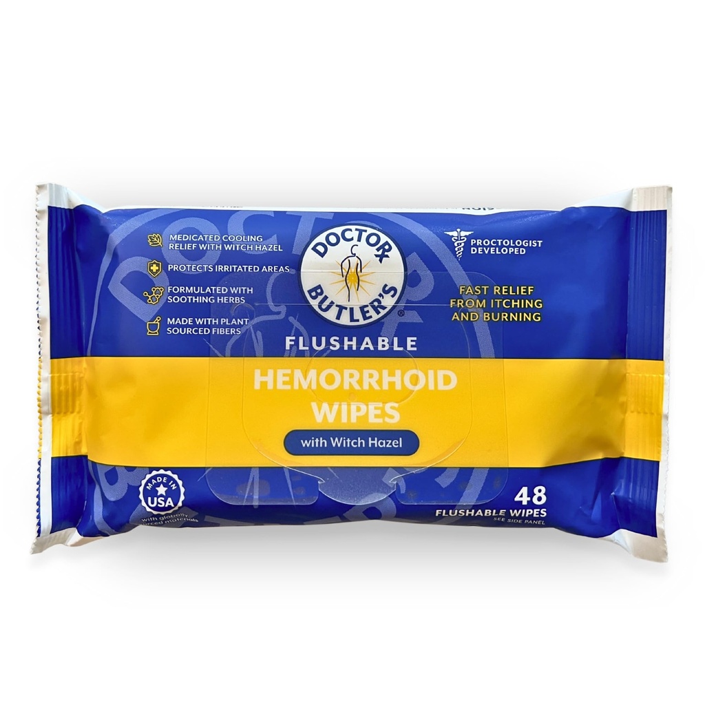 Doctor Butler's Flushable Hemorrhoid Wipes - Flushable Wipes or Moist Compress with Organic Witch Hazel to Soothe and Bring Relief From Discomfort Associated with Hemorrhoids (48 Count)
