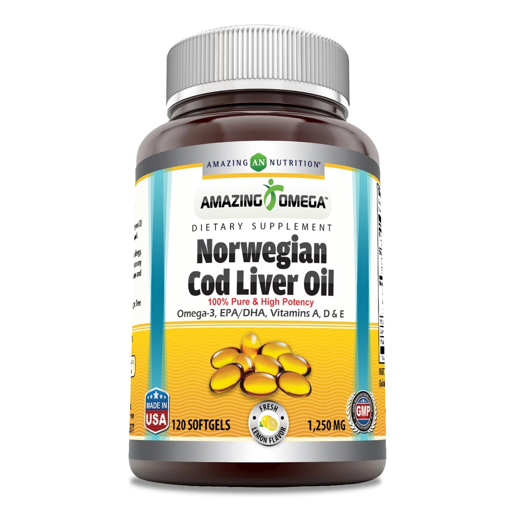 Increíble Omega Norwegian Cod Liver Oil 1250 Mg Softgels Suplemento ← Omega-3, EPA, DHA, Vitamina A, Vitamina D &amp; Vitamina E (Límon TEN 120 Conteo)