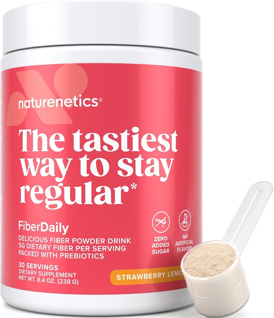 FiberDaily Delicious Fiber Powder - Organic Psyllium Husk, Agave Inulin &amp; Sunfiber® Guar Gum Strawberry Lemonade Drink, Sugar Gratis, Soluble Fiber, Prebiotic Fiber Supplement, Vegan, 1 Month Supply