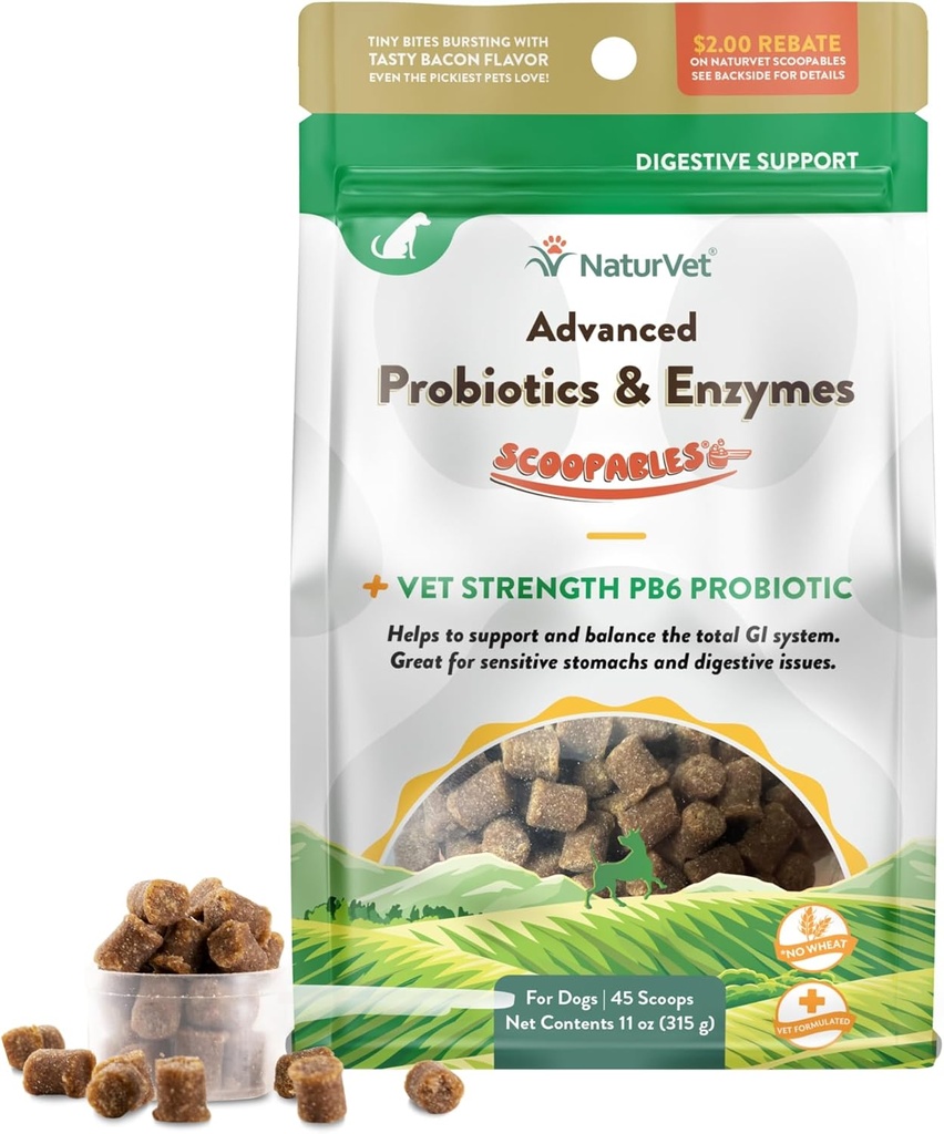 NaturVet Scoopables Avanzados Probióticos para Perros - Probióticos para Perros Chewable & Enzymes Digestivos - Soporte un Gut saludable para su mascota - Hickory Fumado Bacon Flavor ← 11oz Bolsa